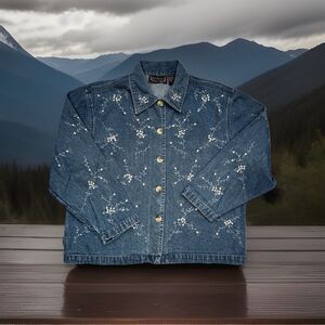 New Direction Denim Shacket Jacket M Blue Embroidered Button 3/4 Sleeve Womens